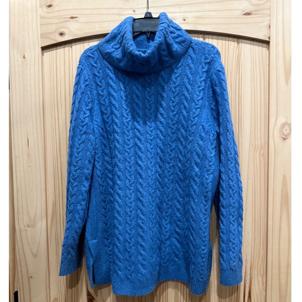 Talbots Womens Blue Cable Knit Turtleneck Sweater Size L Side Slits JO5161